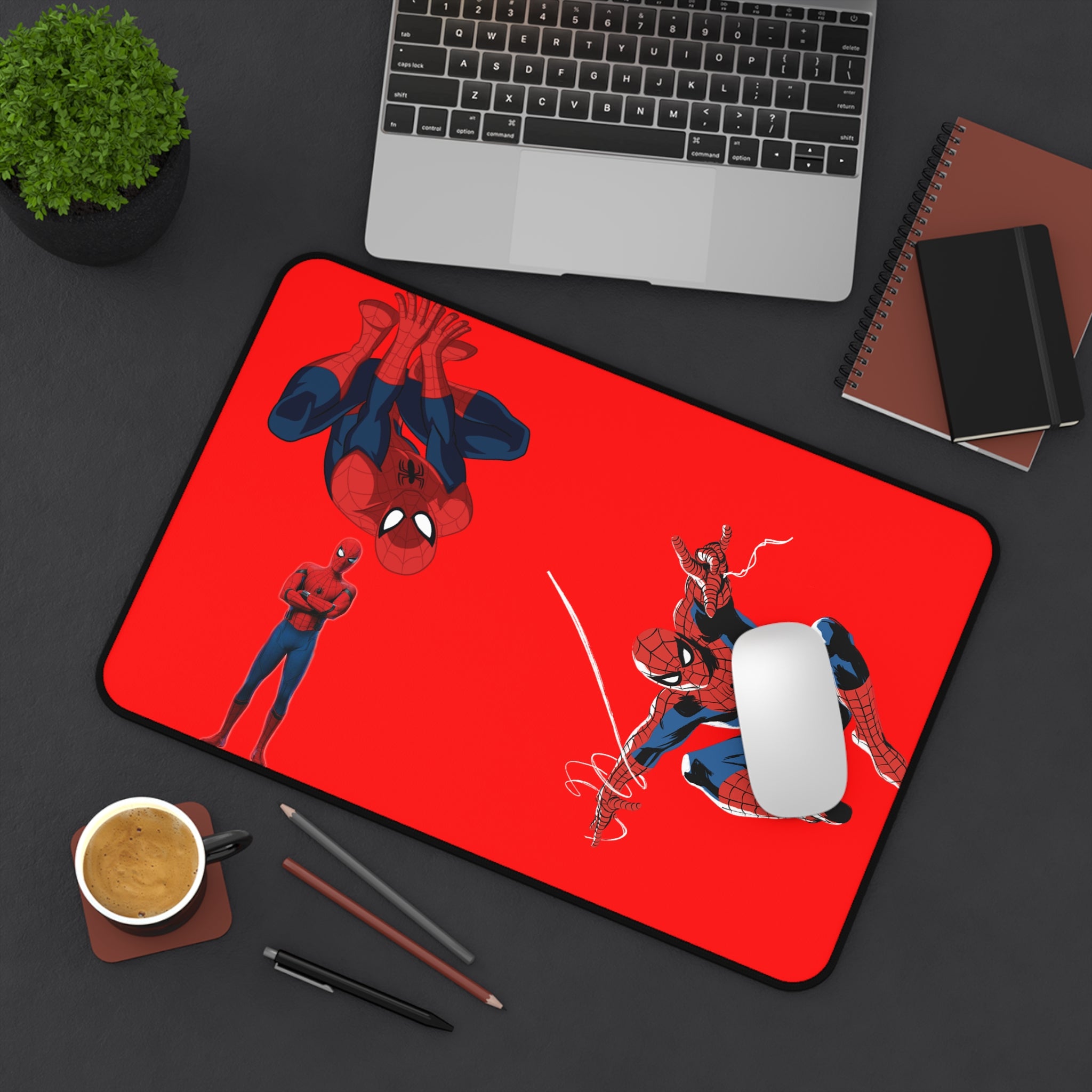 Red Web-Slinger Illustration Desk Mat | Comic Hero Action Scene Printify