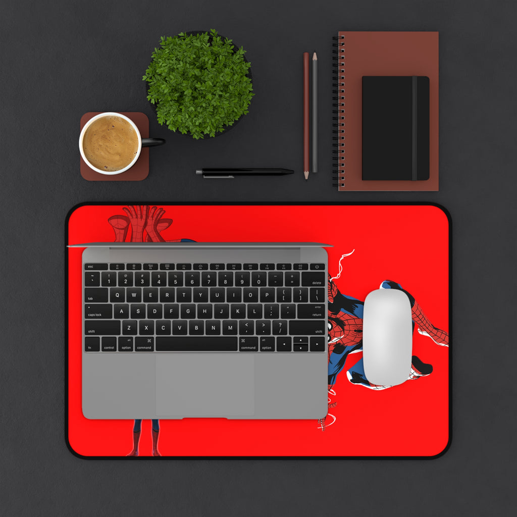 Red Web-Slinger Illustration Desk Mat | Comic Hero Action Scene Printify