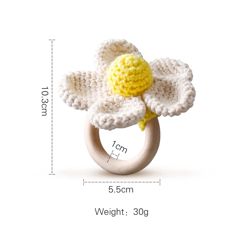 Baby Beißring & Rassel aus Holz – Häkeltiermotiv, BPA-frei Spieldorf