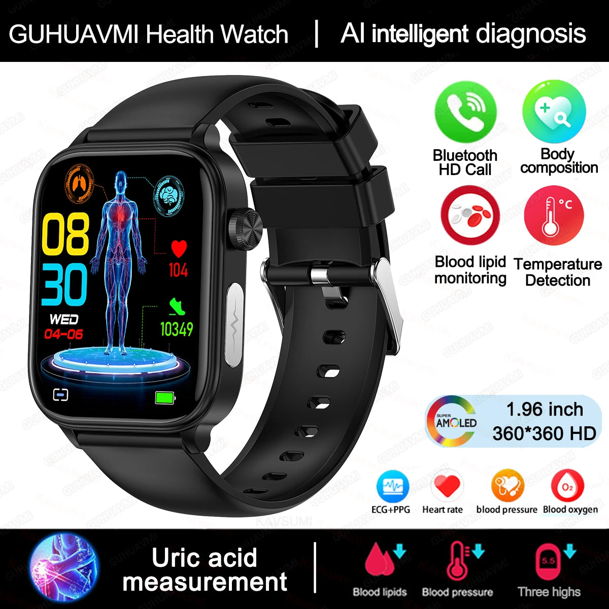 Smartwatch mit EKG, Blutdruck, Bluetooth-Telefonie & IP68 – 1,96 Zoll AMOLED – Für Android & iOS Shoppingdorf
