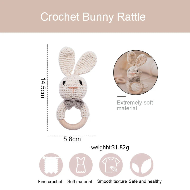 Baby Beißring & Rassel aus Holz – Häkeltiermotiv, BPA-frei Spieldorf