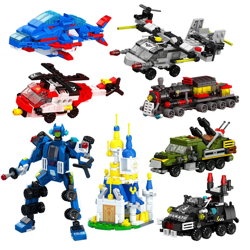 6-in-1 Bausteinset – Zug, Roboter, Hubschrauber & mehr – Lego-kompatibel Spieldorf