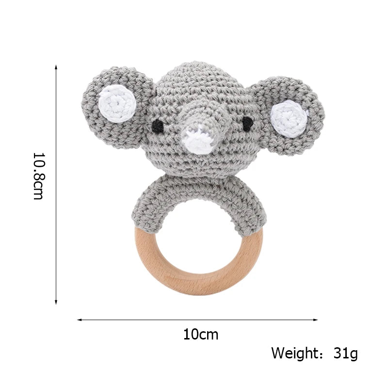 Baby Beißring & Rassel aus Holz – Häkeltiermotiv, BPA-frei Spieldorf