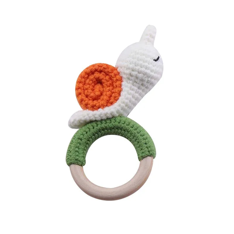 Baby Beißring & Rassel aus Holz – Häkeltiermotiv, BPA-frei Spieldorf