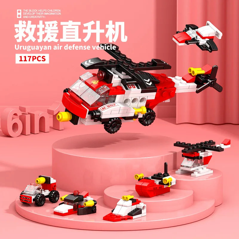 6-in-1 Bausteinset – Zug, Roboter, Hubschrauber & mehr – Lego-kompatibel Spieldorf