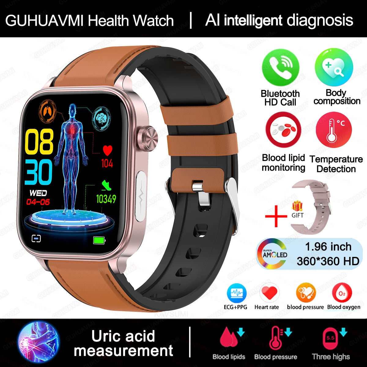 Smartwatch mit EKG, Blutdruck, Bluetooth-Telefonie & IP68 – 1,96 Zoll AMOLED – Für Android & iOS Shoppingdorf