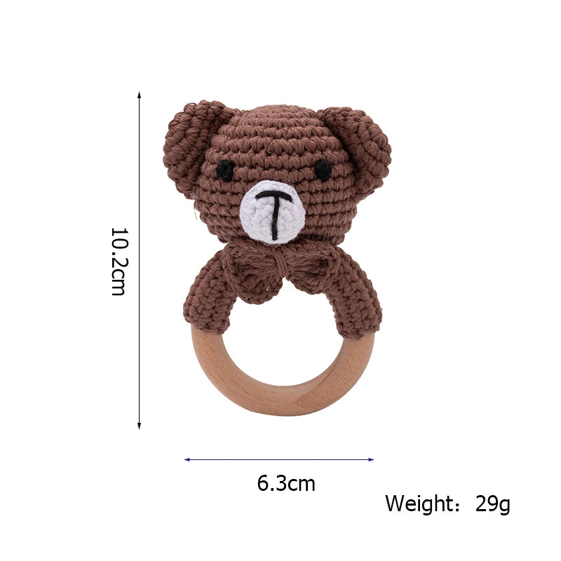 Baby Beißring & Rassel aus Holz – Häkeltiermotiv, BPA-frei Spieldorf