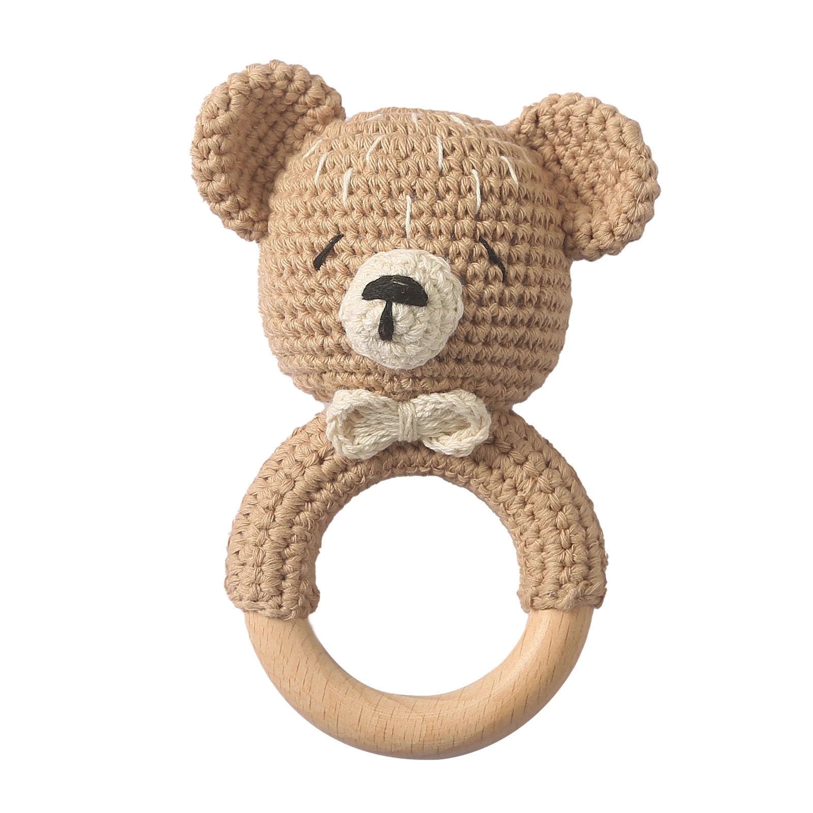 Baby Beißring & Rassel aus Holz – Häkeltiermotiv, BPA-frei Spieldorf