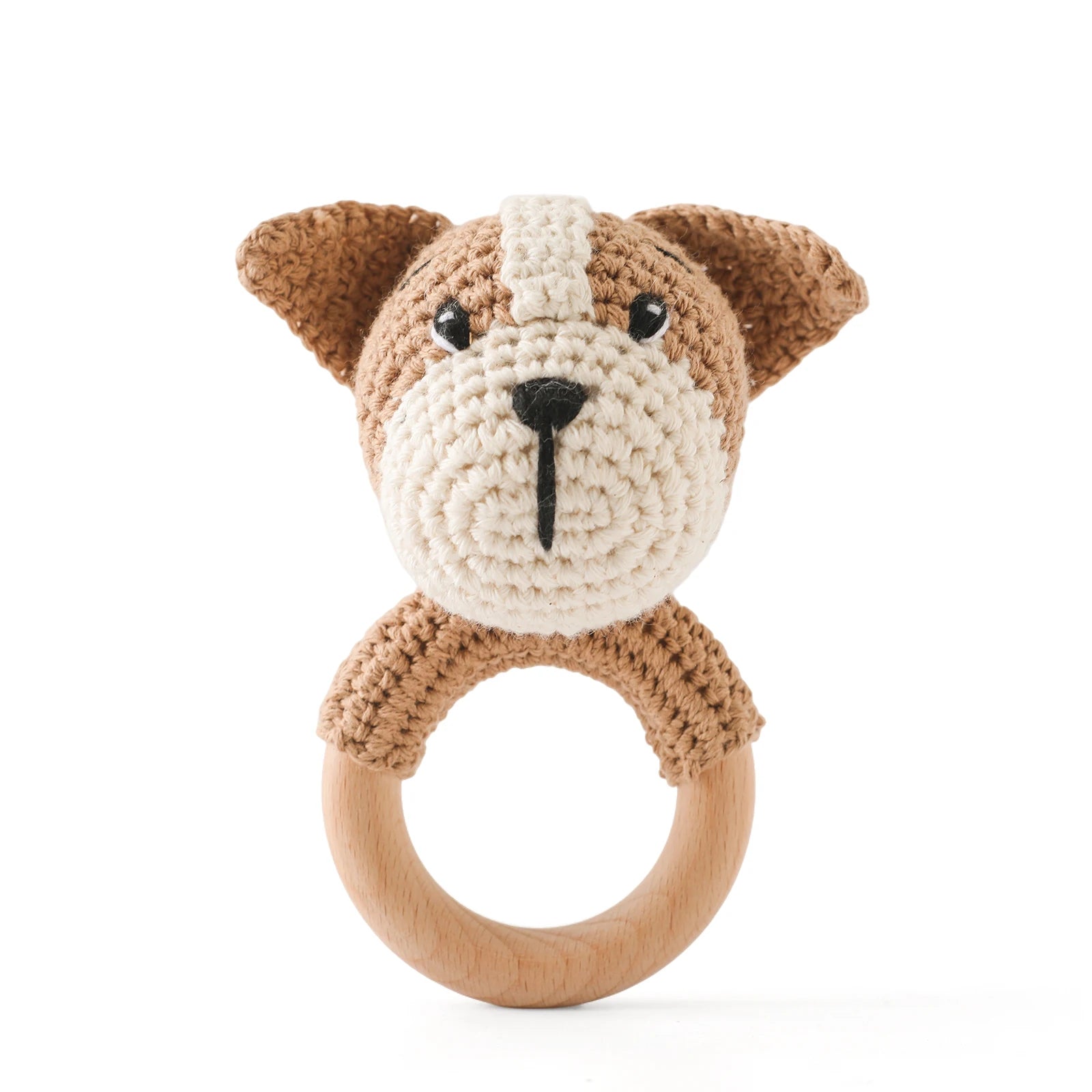 Baby Beißring & Rassel aus Holz – Häkeltiermotiv, BPA-frei Spieldorf