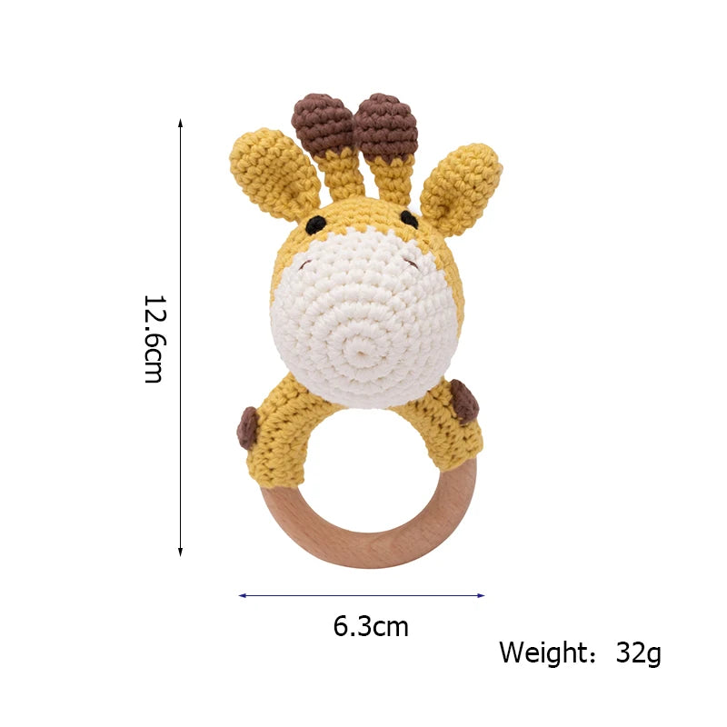 Baby Beißring & Rassel aus Holz – Häkeltiermotiv, BPA-frei Spieldorf