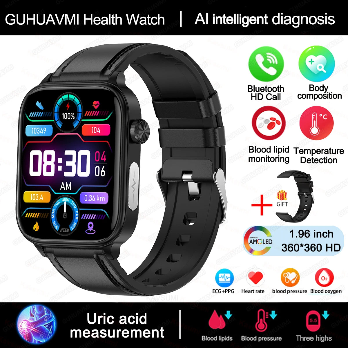 Smartwatch mit EKG, Blutdruck, Bluetooth-Telefonie & IP68 – 1,96 Zoll AMOLED – Für Android & iOS Shoppingdorf