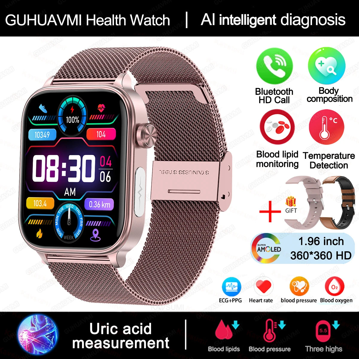 Smartwatch mit EKG, Blutdruck, Bluetooth-Telefonie & IP68 – 1,96 Zoll AMOLED – Für Android & iOS Shoppingdorf