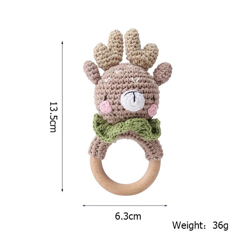 Baby Beißring & Rassel aus Holz – Häkeltiermotiv, BPA-frei Spieldorf