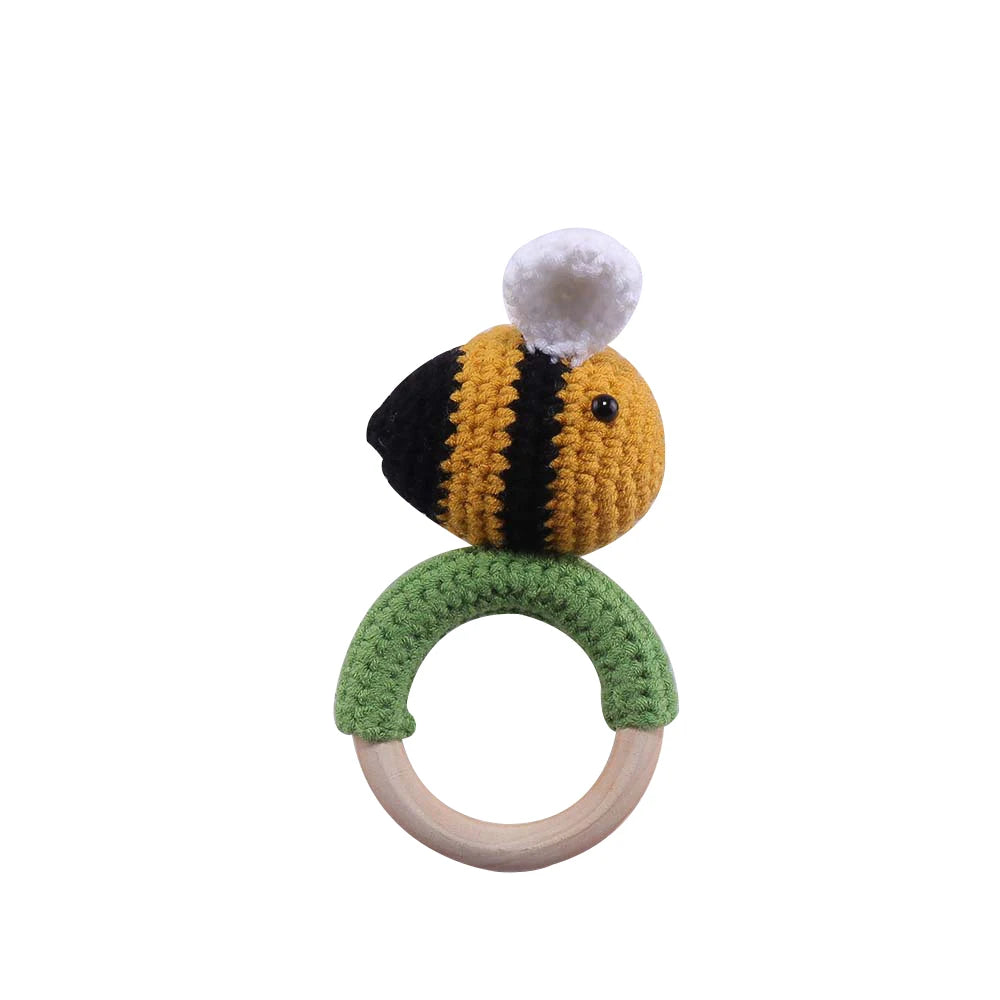 Baby Beißring & Rassel aus Holz – Häkeltiermotiv, BPA-frei Spieldorf