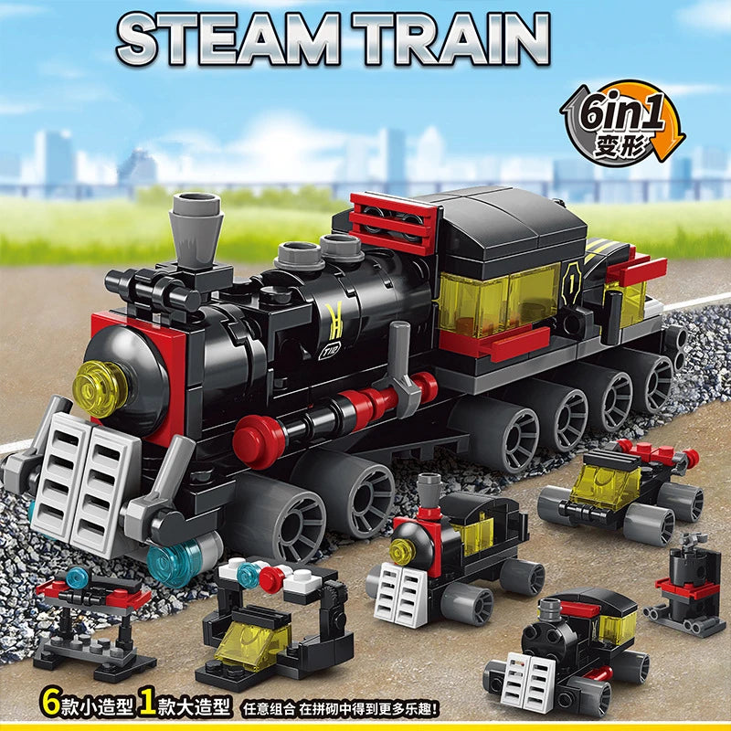 6-in-1 Bausteinset – Zug, Roboter, Hubschrauber & mehr – Lego-kompatibel Spieldorf