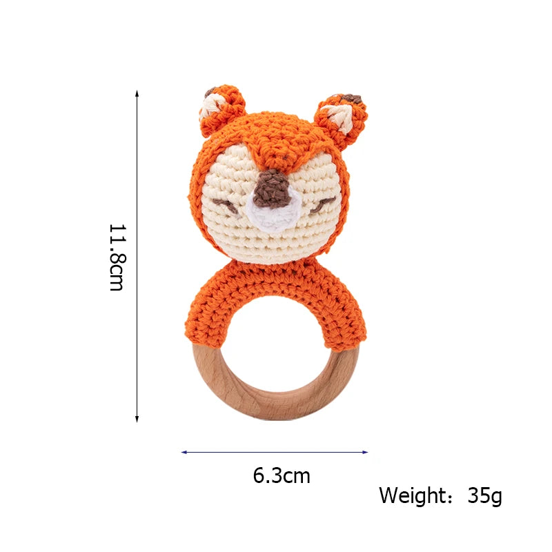 Baby Beißring & Rassel aus Holz – Häkeltiermotiv, BPA-frei Spieldorf