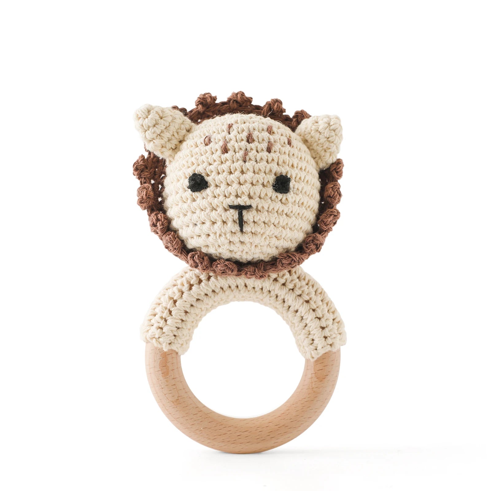 Baby Beißring & Rassel aus Holz – Häkeltiermotiv, BPA-frei Spieldorf