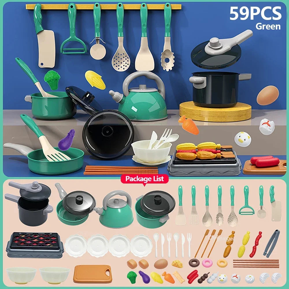Kinder-Küchen-Spielset – 59/69/92 Teile mit Topf, Pfanne & Lebensmitteln Spieldorf