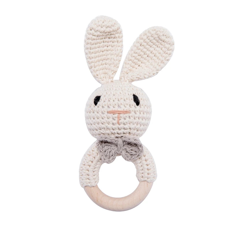 Baby Beißring & Rassel aus Holz – Häkeltiermotiv, BPA-frei Spieldorf