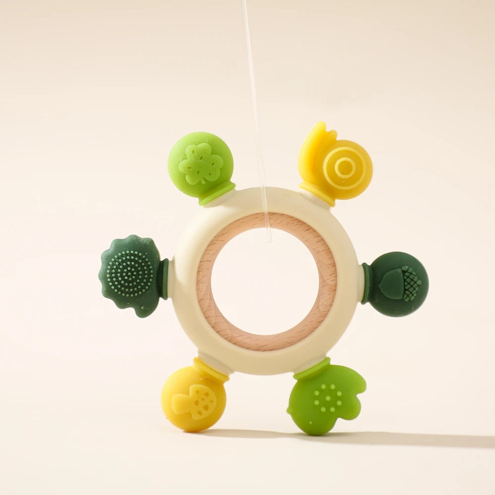Baby Beißring & Rassel aus Holz – Häkeltiermotiv, BPA-frei Spieldorf